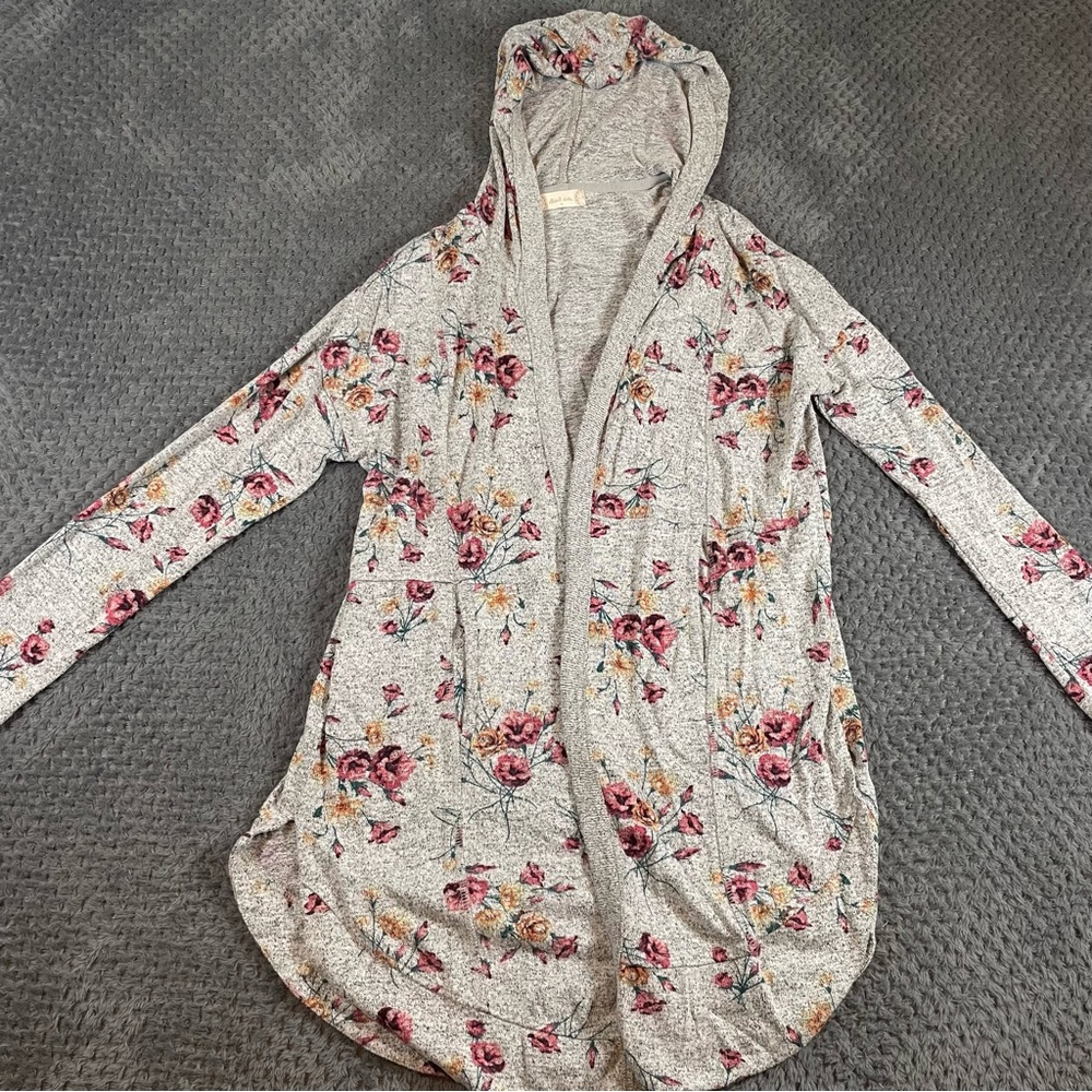 Altar'd State Womens Open Front Floral Hooded Cardigan Gray Medium Cottagecore - Picture 4 of 12